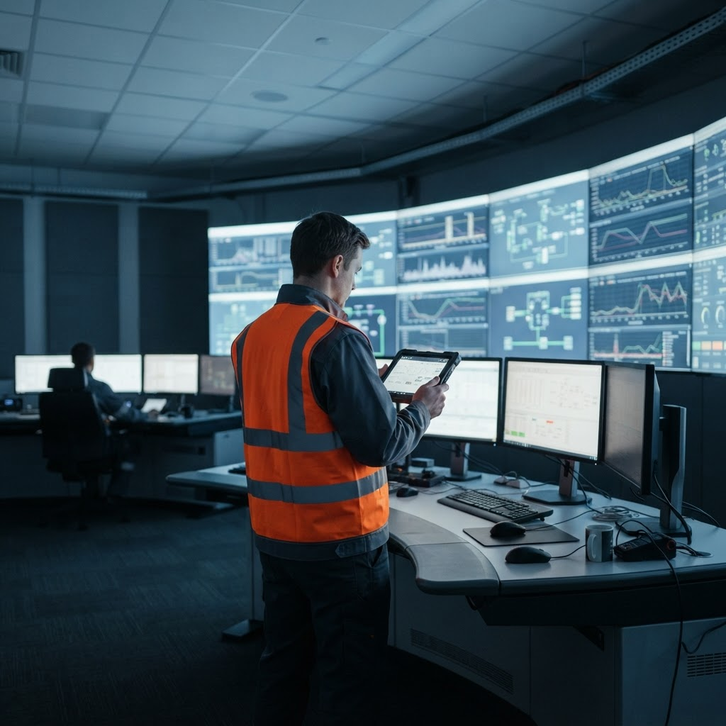 Operations engineer reviewing live monitoring dashboards in an industrial control room