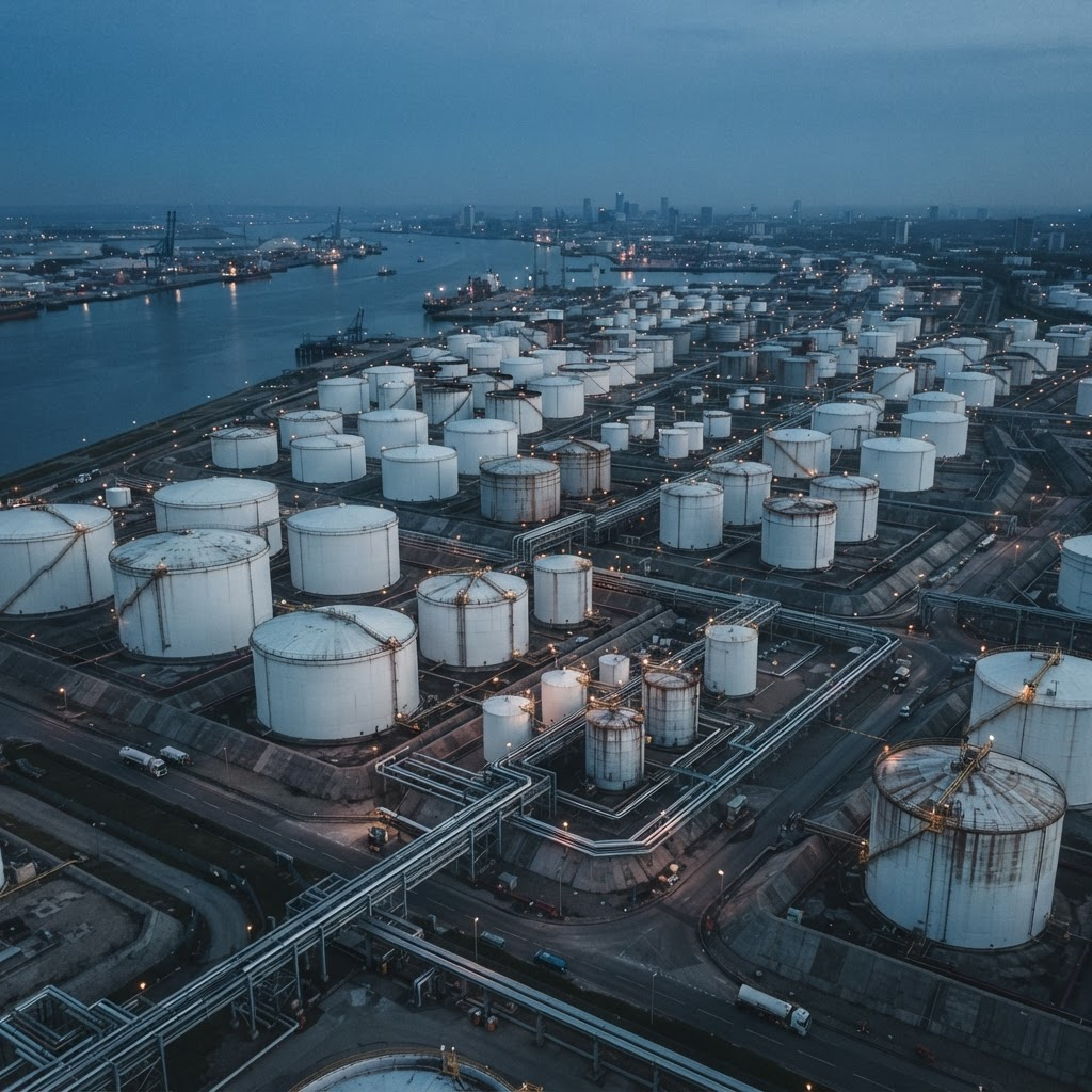 Aerial view of a large bulk chemical storage tank farm at dusk